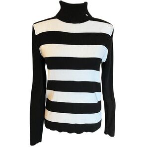 Lauren Ralph Lauren Ribbed Cotton Turtleneck Black White Stripe Womens Large